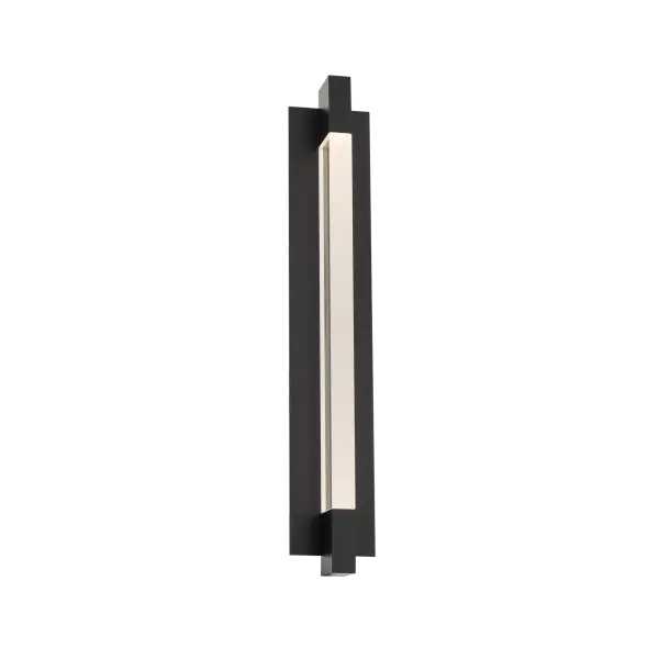 The Heliograph 32" wall sconce delivers architectural drama with its striking 32-inch vertical profile. Integrated LEDs illuminate a thick acrylic bar bisected by a metal band, creating a sculptural fusion of light and form perfect for contemporary exteriors.