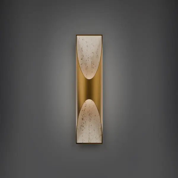 The Kastlerock wall sconce combines natural travertine stone with aged brass accents to create a striking architectural statement. Its dual-direction LED lighting and adjustable color temperature make it both beautiful and functional. - alternate view