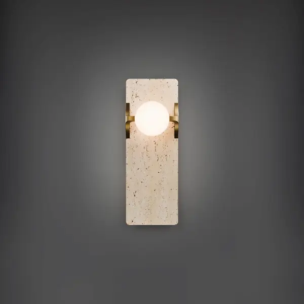 The Okemo Wall Sconce masterfully combines raw natural materials with refined illumination. Featuring genuine travertine stone paired with etched opal glass and aged brass accents, it delivers warm, diffused light while serving as an architectural statement piece. - alternate view