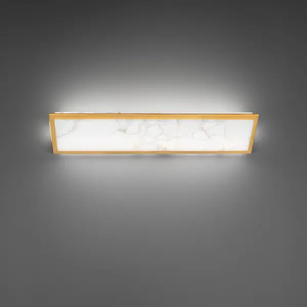 The Lena 28" vanity light combines modern luxury with functional versatility, featuring translucent white jade diffusers and multi-directional illumination. Its aged brass finish and 28-inch span make it ideal for medium to large vanities. - alternate view