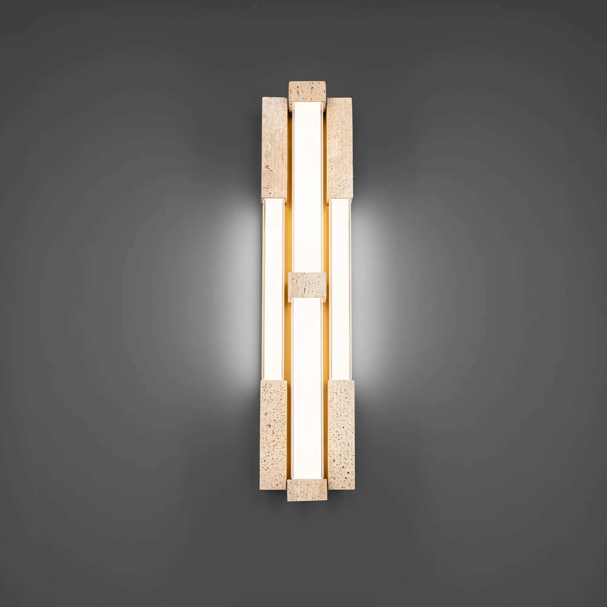 Conan 28" LED Wall Sconce in Beige Travertine with Aged Brass