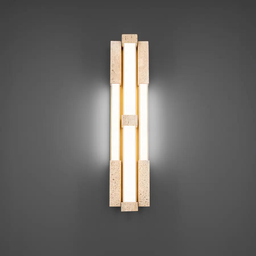 Conan 28" LED Wall Sconce in Beige Travertine with Aged Brass - Image 1