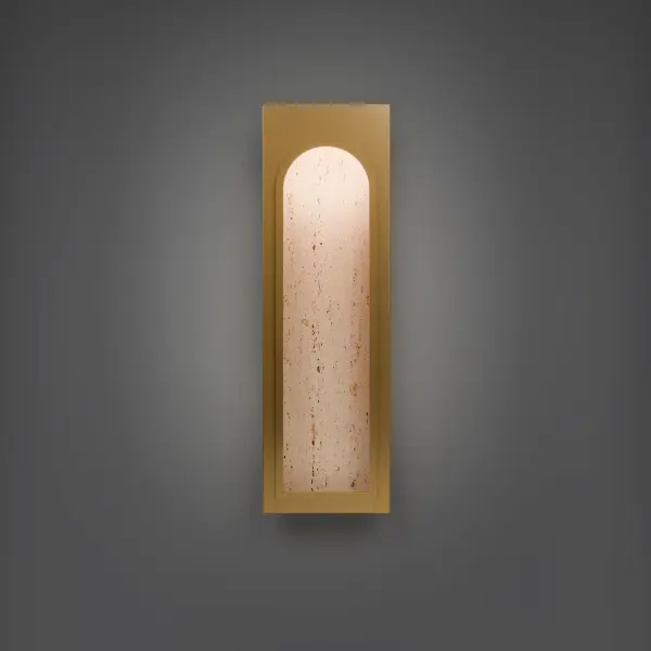 The Cadey wall sconce combines genuine Travertine stone with warm Aged Brass accents for a refined, organic aesthetic. Its focused 3000K LED downlight creates dramatic architectural emphasis while the natural stone texture adds unique character to any space. - alternate view