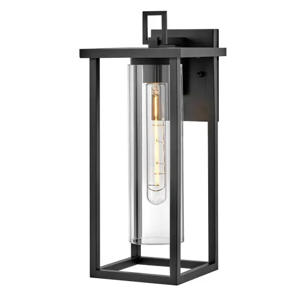 The Mateo wall lantern combines clean lines with cylindrical clear glass to create instant curb appeal. Its transitional design features rectangular angles and strong structure, making it versatile for various architectural styles.