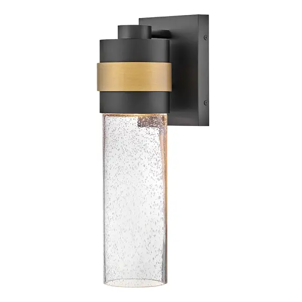 Albie brightens up any outdoor space with its minimalist modern profile. Clear seedy glass is complemented by a two-tone Black and Antique Brass finish and a dark-sky friendly design. Collection: Albie Finish: Black Glass: Clear Width: 6.00" Height: 18.00" Length: 6.25" Weight: 4.29 lb Extension from Wall: 6.25" Top to Outlet: 3.75" Canopy: 6"W X 7.5"H Bulbs Included Number of Bulbs: 1 Maximum Wattage: 7.00 W Bulb Type: GU10 Bulb Base: GU10 Light Source: LED Light Output: 500.00 lm Color Temperature: 3000 K CRI: 90 Dimmable Rated Average Life: 25000 Voltage: 120.00 V Material: Aluminum Country of Origin: CHINA, Safety Listing: C-US Safety Rating: Wet Dark Sky Title 24 LED Spec Sheet Instructions