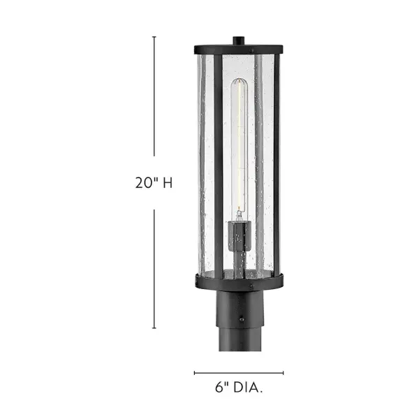 The Alfie post mount lantern combines timeless cylindrical design with clear seedy glass for effortless outdoor style. Its medium scale and black finish make it versatile for various architectural styles. - alternate view