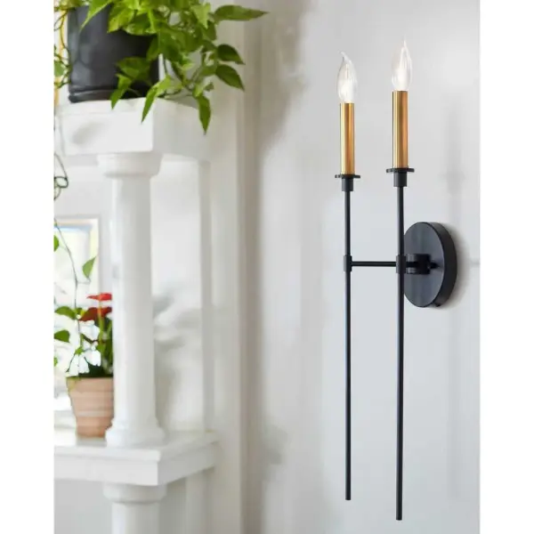 Hux Large Two Light Tall Sconce in Black with Lacquered Brass - Image 5