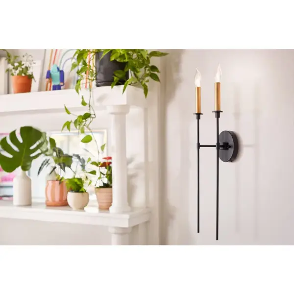 Hux Large Two Light Tall Sconce in Black with Lacquered Brass - Image 6