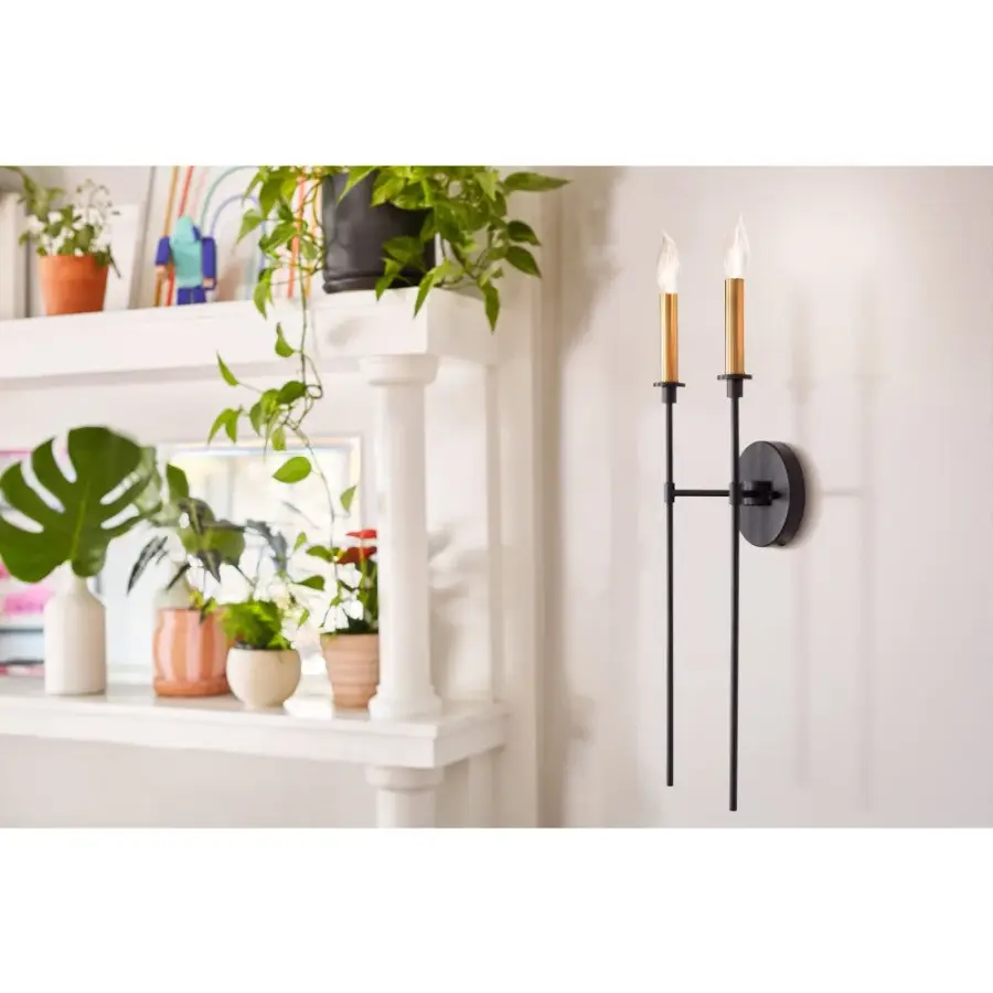 Hux Large Two Light Tall Sconce in Black with Lacquered Brass - Image 6