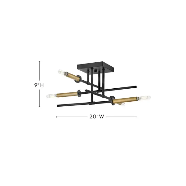 Hux Medium Semi-Flush Mount in Black with Lacquered Brass - Image 1