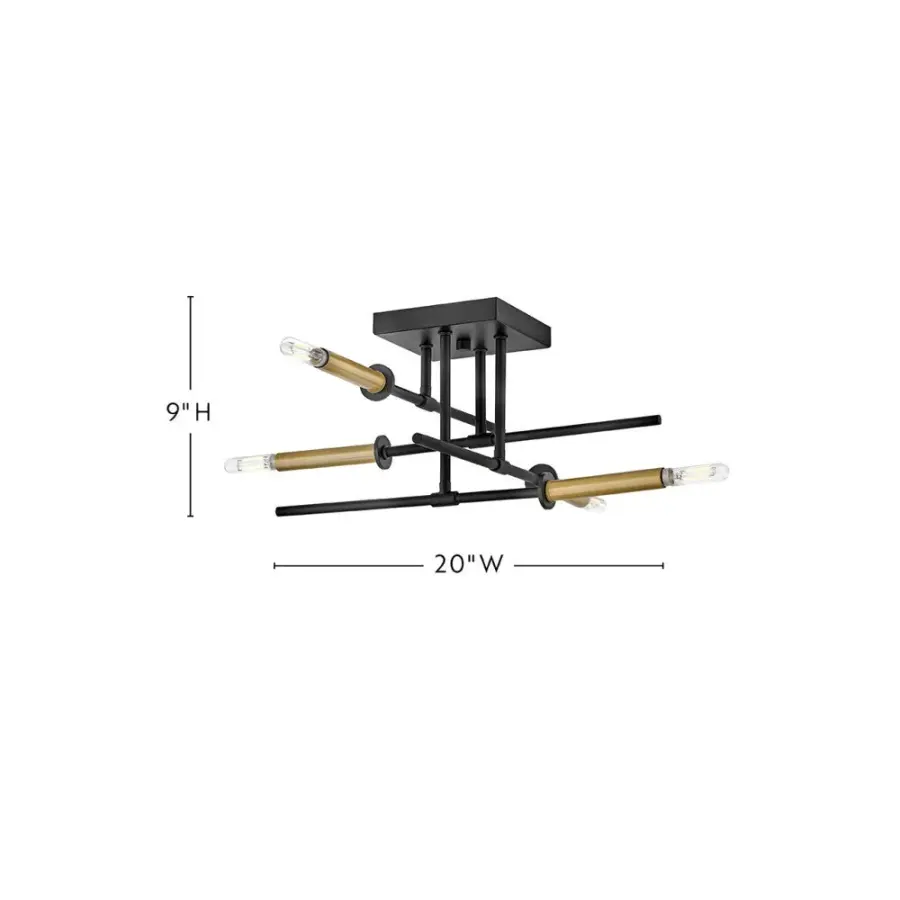 Hux Medium Semi-Flush Mount in Black with Lacquered Brass - Image 1