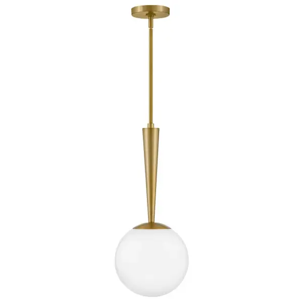The Izzy Small Pendant combines tapered architectural lines with a soft opal globe for a striking yet approachable design. Its lacquered brass finish adds warmth and sophistication to modern interiors.