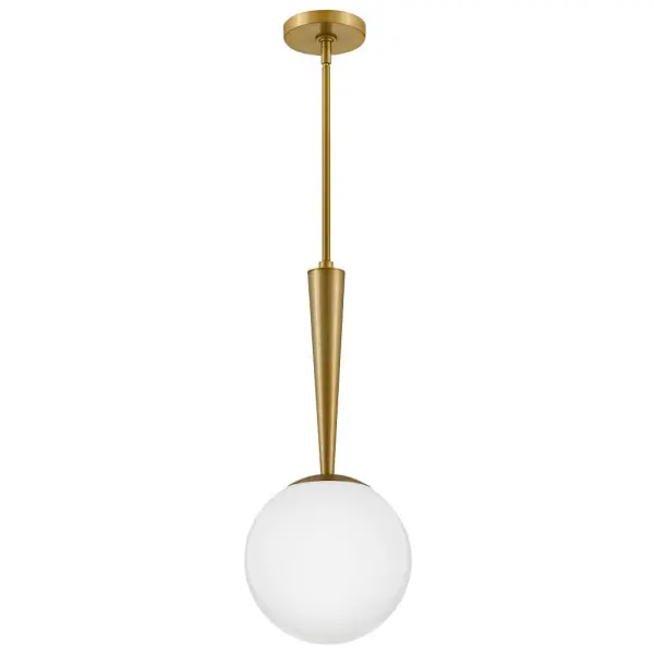 The Izzy Small Pendant combines tapered architectural lines with a soft opal globe for a striking yet approachable design. Its lacquered brass finish adds warmth and sophistication to modern interiors. - alternate view