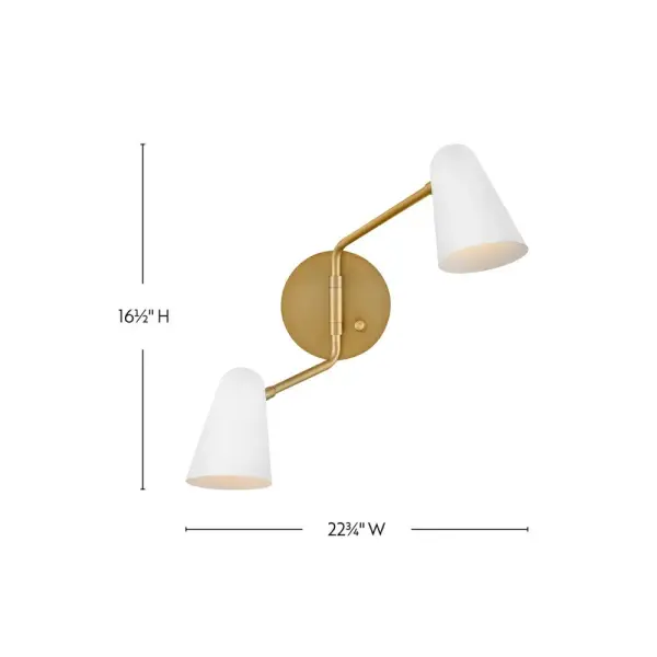 The Birdie sconce brings midcentury modern charm with exceptional functionality. Its articulating arms and pivoting shades offer customizable lighting direction, while the lacquered brass and matte white finish adds sophisticated style. - alternate view