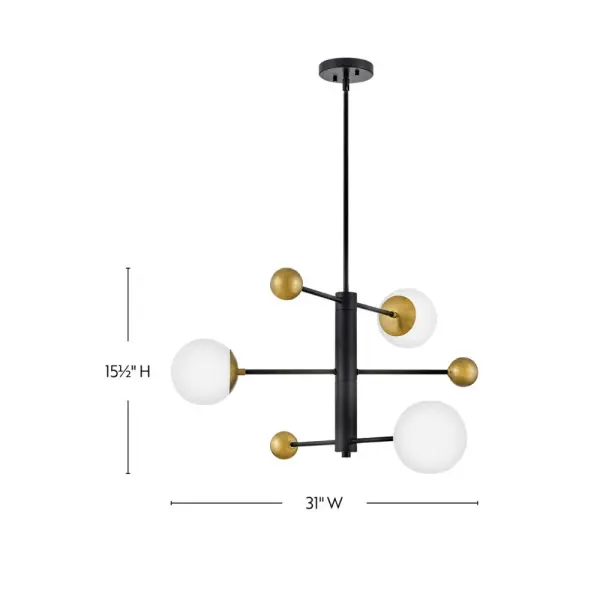 The Auggie chandelier masterfully blends mid-century design with contemporary versatility. Its multi-tier configuration features contrasting thick and thin elements, complemented by etched opal glass and lacquered brass accents that add warmth to the black finish. - alternate view