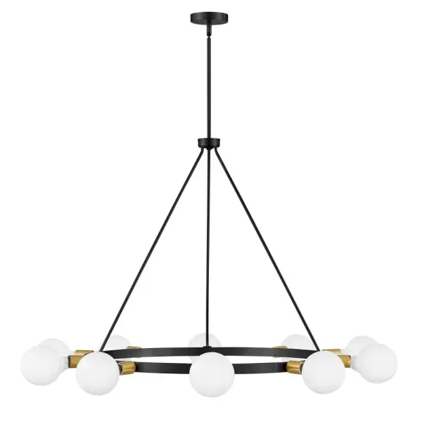 The Orla chandelier masterfully blends mid-century modern design with Hollywood glam through its dimensional circular elements and globe accents. At 36 inches wide, this large-scale fixture makes a prominent style statement in dining rooms and living spaces.