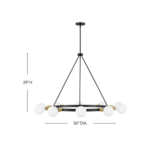 The Orla chandelier masterfully blends mid-century modern design with Hollywood glam through its dimensional circular elements and globe accents. At 36 inches wide, this large-scale fixture makes a prominent style statement in dining rooms and living spaces. - alternate view