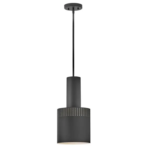 The Casey Small Pendant brings industrial-modern style with its spun metal shade and perforated detailing. The unique perforation pattern creates captivating light and shadow effects while the compact 9-inch size makes it perfect for multiples over islands or as accent lighting.
