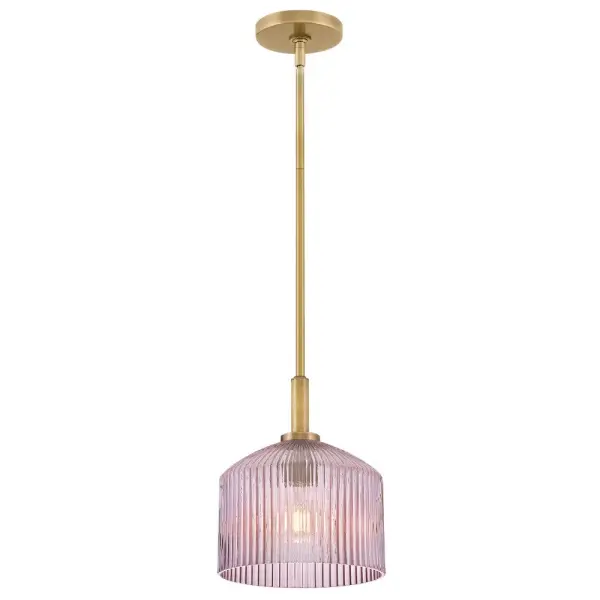 The Lisette Small Pendant combines mid-century charm with modern versatility. Its ribbed rose glass shade creates beautiful light refractions while the lacquered brass finish adds warmth to any space.