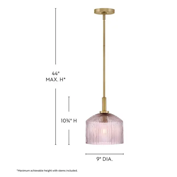 The Lisette Small Pendant combines mid-century charm with modern versatility. Its ribbed rose glass shade creates beautiful light refractions while the lacquered brass finish adds warmth to any space. - alternate view