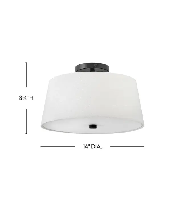 The Beale flush mount combines angular modern lines with a soft white linen shade for versatile appeal. Its low-profile design and diffused lighting make it ideal for spaces with standard ceiling heights. - alternate view
