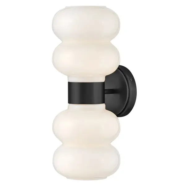 The Nadia sconce brings playful sophistication with its round, cased opal glass shades and clean black finish. Perfect for adding modern charm to bathrooms, hallways, and bedrooms with its compact 16.5-inch profile.