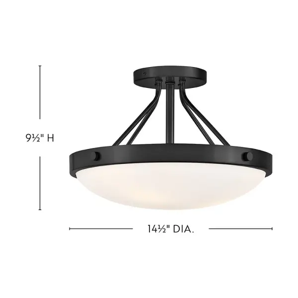 The Gus semi-flush mount combines contemporary design with versatile black finish, perfect for spaces with lower ceilings. Its compact 14.5-inch profile delivers modern style without overwhelming smaller rooms. - alternate view