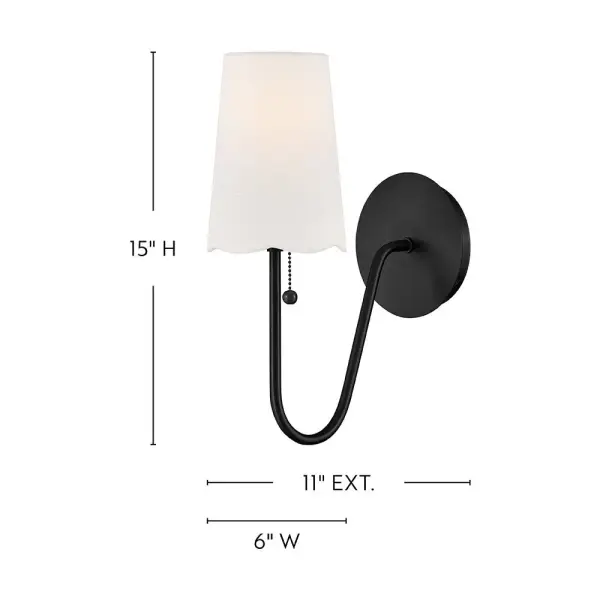 The Bliss sconce brings old-fashioned charm to modern spaces with its soft, scalloped off-white linen shade and classic black finish. Perfect for creating warm, inviting atmospheres in bedrooms, hallways, and living areas. - alternate view