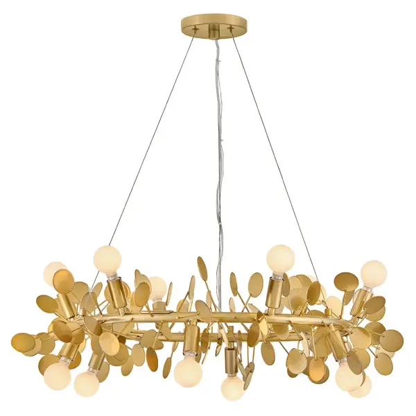 The Lolli chandelier transforms rooms with its charming polka-dot petal design and warm distressed brass finish. At 30 inches wide, it creates a dreamy focal point perfect for dining rooms and bedrooms seeking personality.