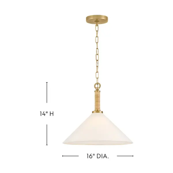 The Cove pendant beautifully blends coastal charm with organic modern style through its bamboo rattan-wrapped stem and off-white linen shade. The lacquered brass finish adds warmth while the natural materials create visual interest and texture. - alternate view
