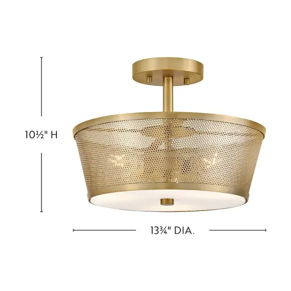 The Cash semi-flush mount combines industrial metal mesh styling with warm lacquered brass finish and etched glass diffuser. Perfect for modern spaces with lower ceilings needing ambient lighting. - alternate view