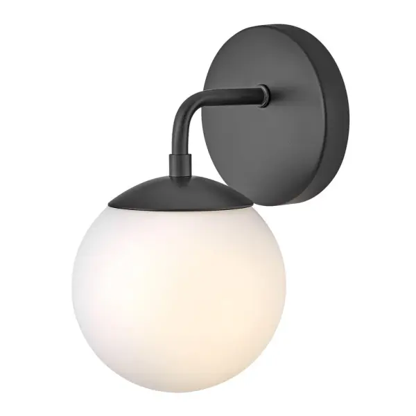 The Julep vanity light combines modern simplicity with functional design. Its etched opal glass globe provides perfectly diffused lighting for grooming tasks, while the sleek black finish adds contemporary style to any bathroom. - alternate view