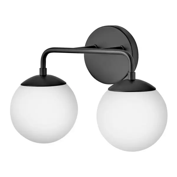 The Julep vanity light combines modern simplicity with functional design. Two etched opal glass globes provide perfectly diffused lighting for grooming tasks, while the sleek black finish adds contemporary style to any bathroom. - alternate view