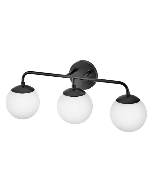 The Julep vanity light combines modern simplicity with functional design. Three etched opal glass globes provide even, diffused lighting perfect for grooming tasks, while the sleek black finish adds contemporary style to any bathroom. - alternate view