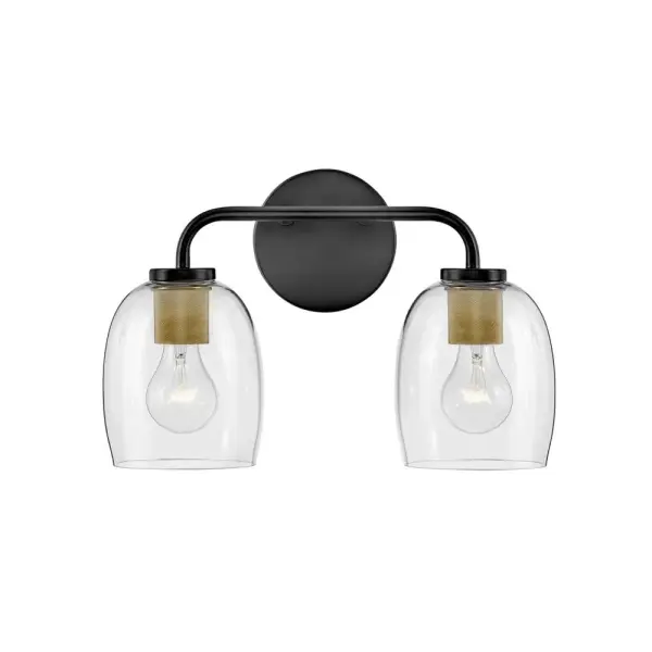 The Percy vanity light combines transitional elegance with industrial detailing through distinctive bell-shaped glass shades and a striking black and brass finish. Perfect for bathrooms seeking both style and function.