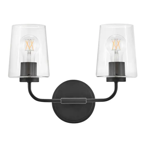 The Kline vanity light delivers clean, transitional style with a no-nonsense approach. Its pared-down black finish and clear glass shades provide functional lighting while maintaining a supremely stylish profile. - alternate view