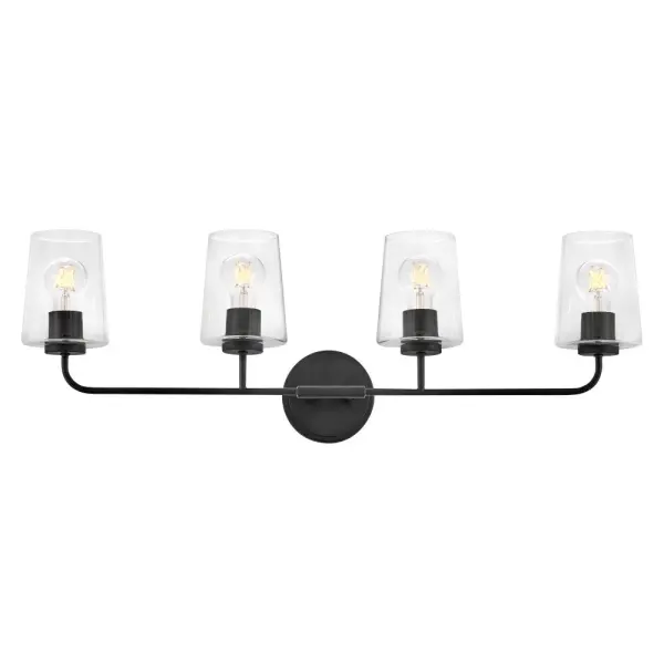 The Kline vanity light delivers understated elegance with its clean-lined transitional design. Four lights provide ample illumination across a 33-inch span, perfect for medium to large vanities. The black finish and clear glass shades create a timeless look that complements both modern and traditional bathrooms.