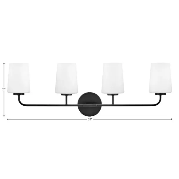 The Kline vanity light delivers understated elegance with its clean-lined transitional design. Four lights provide ample illumination for grooming tasks while the black finish adds modern sophistication to any bathroom. - alternate view