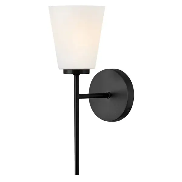 The Bri vanity light combines transitional styling with practical functionality. Its tapered etched opal glass shade provides soft, flattering illumination perfect for bathroom tasks. The clean black finish complements modern and traditional décor alike.
