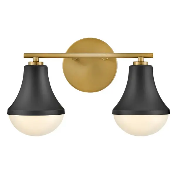 The Haddie vanity light combines sturdy metal construction with elegant curved opal glass shades for a distinctive look. Its black finish with brass accents adds sophisticated contrast, while the versatile design allows for up or down mounting. - alternate view