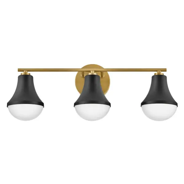 The Haddie vanity light combines striking black and brass finishes with curved opal glass shades for a unique, shapely profile. Its 24-inch width provides ample illumination while the reversible mounting offers design flexibility. - alternate view