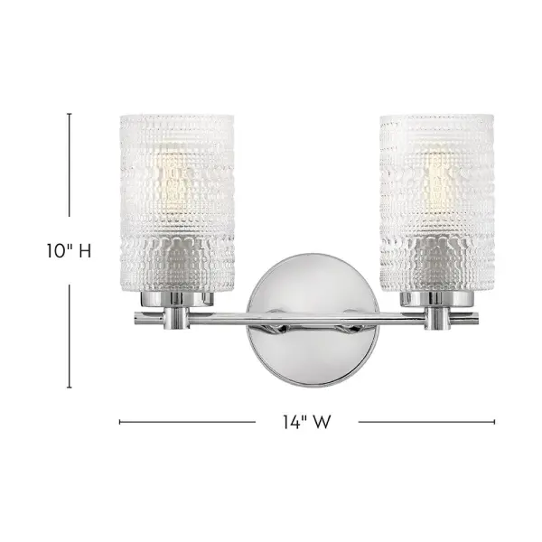 The Mabel vanity light brings eclectic vintage style with its distinctive hobnail glass shades and polished chrome finish. Perfect for smaller bathrooms or powder rooms, this two-light fixture delivers both character and functionality. - alternate view