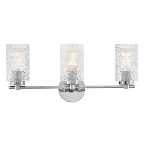 The Mabel vanity light combines vintage-inspired hobnail glass with a sleek Chrome finish for an eclectic yet timeless look. Perfect for bathrooms and powder rooms, its 24-inch width provides ample illumination.