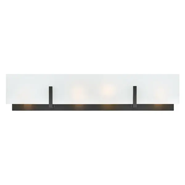The Roman vanity light brings minimalist modern design to your bathroom with its clean rectangular backplate and etched white glass shades. Four lights provide ample illumination while creating a soft, diffused glow perfect for grooming tasks.