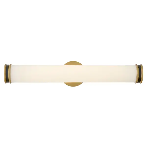 Serving classic sophistication, Ames brings polished style to any bathroom. Chic etched opal glass, bookended by metal endcaps in a two-tone finish, gives your space an elevated look. Collection: Ames Finish: Lacquered Brass Glass: Etched Opal Width: 4.50" Height: 24.00" Length: 4.00" Weight: 4.03 lb Extension from Wall: 4.00" Top to Outlet: 12.00" Canopy: 4.5"x4.5" Bulbs Included Maximum Wattage: 28.00 W Bulb Base: Integrated Light Source: LED Light Output: 1800.00 lm Color Temperature: 3000 K CRI: 90 Dimmable Rated Average Life: 50000 Voltage: 120.00 V Material: Steel Country of Origin: CHINA,VIETNAM Safety Listing: C-US Safety Rating: Damp ADA Title 24 LED Spec Sheet Instructions