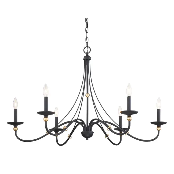 The Westchester County chandelier combines industrial elegance with transitional style. Its 40-inch linear design features Sand Coal finish with Skyline Gold Leaf highlights, creating visual interest. Six candelabra lights provide ample illumination for large spaces.