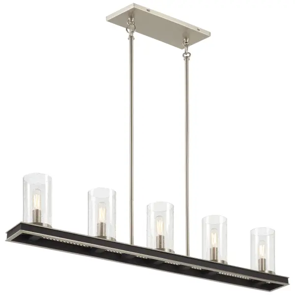 The Cole's Crossing 5-Light Island Chandelier combines brushed nickel and coal finishes for a sophisticated two-tone look. Its 40-inch linear design and glass shades provide excellent task lighting over kitchen islands and dining tables.