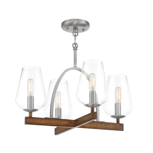 The Birnamwood chandelier blends natural Koa wood with pewter metalwork for a sophisticated transitional look. Its convertible design offers flexibility, while the compact 20-inch width suits smaller dining spaces beautifully. - alternate view