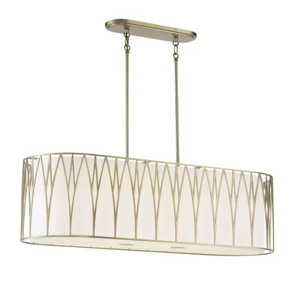 The Regal Terrace LED Island Light combines transitional elegance with modern LED efficiency. Its 42-inch linear design features soft brass metalwork paired with fabric drum shades, delivering nearly 6000 lumens of warm, dimmable light perfect for kitchen islands and dining areas.