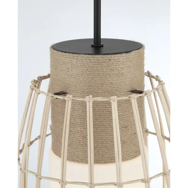 The Watermill pendant by designer Robin Baron combines natural wicker with coal black steel for a sophisticated coastal aesthetic. Its compact 12.5-inch diameter makes it ideal for smaller spaces while the rope accent adds artisanal charm. - alternate view